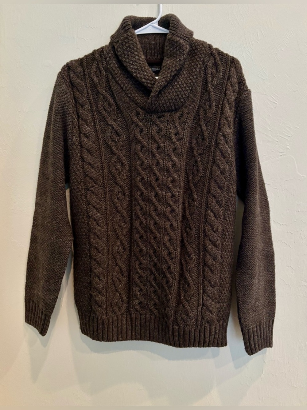 Paolo Mondo Sweater Mens M Brown Cable Knit Fisherman Chunky Wool Shawl Collar